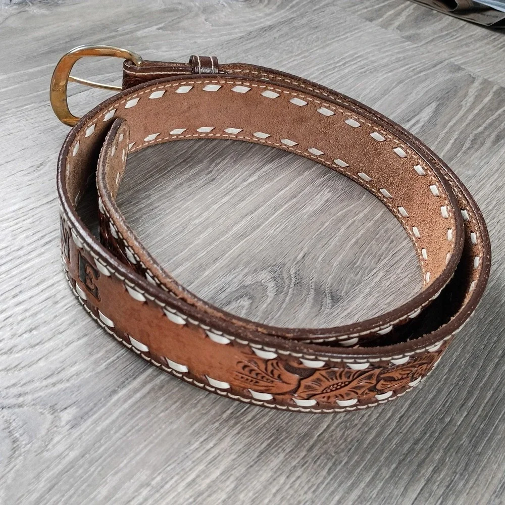 Hand Tooled‎ Leather Western Belt Size 42 GENE Saddle Cowboy Floral Buck Lacing*